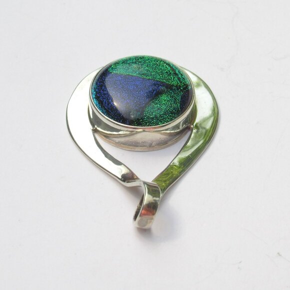 Dichroic Glass Sterling Silver Teardrop Pendant Blue & Green Handmade In Mexico - Picture 10 of 13